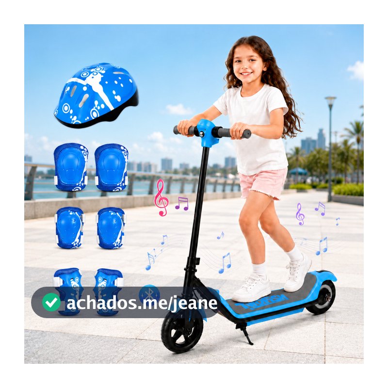Patinete Elétrico Infantil Azul Motor 110W Bateria 24V 2,5Ah Autonomia 5-8km Até 60kg Luzes Bluetooth Freio Eletrônico
