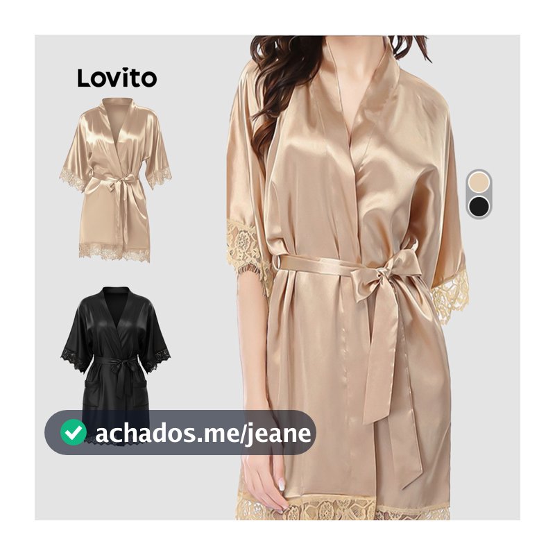Lovito Robe Casual Cetim Seda Gelada Fresco Sensual Amarração Frontal De Renda Loungewear Feminino Bordado LNE143074