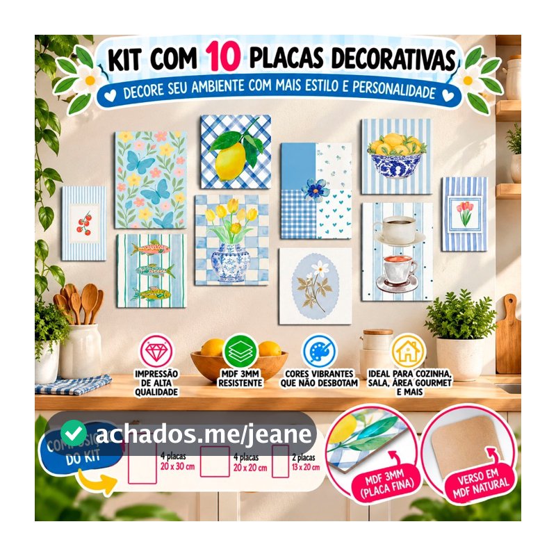 Kit 10 Placas MDF - quadros Decorativos Cozinha Azul Provençal listras flores folhas – MDF Estilo Mosaico
