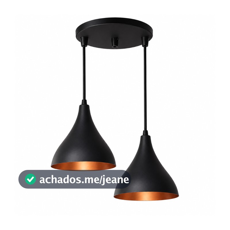 Lustre Gota Pendente Duplo Preto Fosco c/ Cobre para Cozinha Sala Quarto