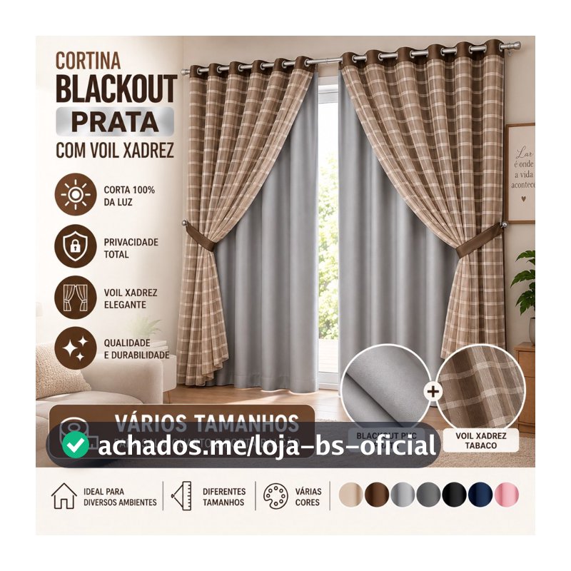 Cortina Blackout Prata com Voil Xadrez – Vários Tamanhos e Cores para Sala, Quarto e Porta-Balcão