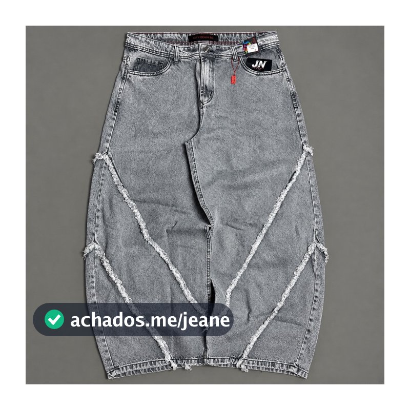 Calça Jeans BARREL Muito Larga Cinza-Stoned Recorte Desfiado Streetwear Moderna