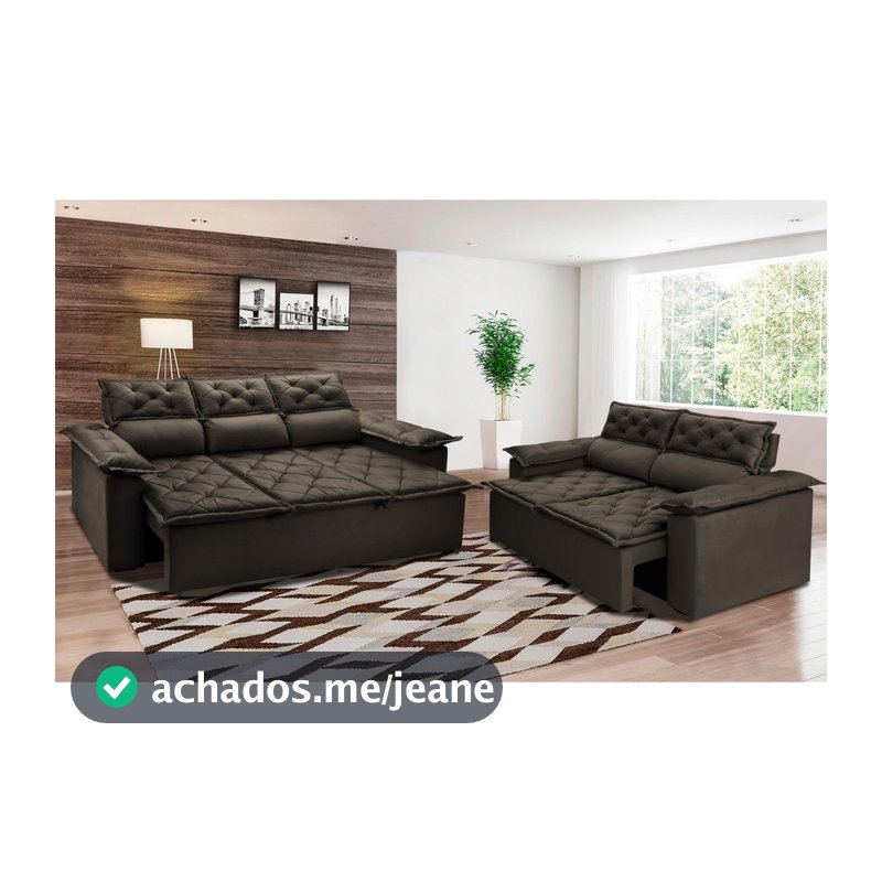 Conjunto de Sofá 3 e 2 Lugares Retrátil e Reclinável Cama inBox Compact 2,00x1,50m Velusoft Café
