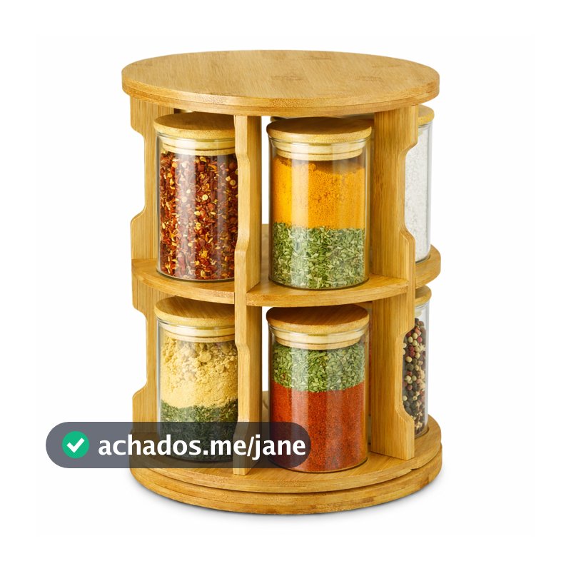 Organizador Giratório 360º Porta Condimentos Temperos Com Potes Vidro Tampa Bambu Prateleira Bancada