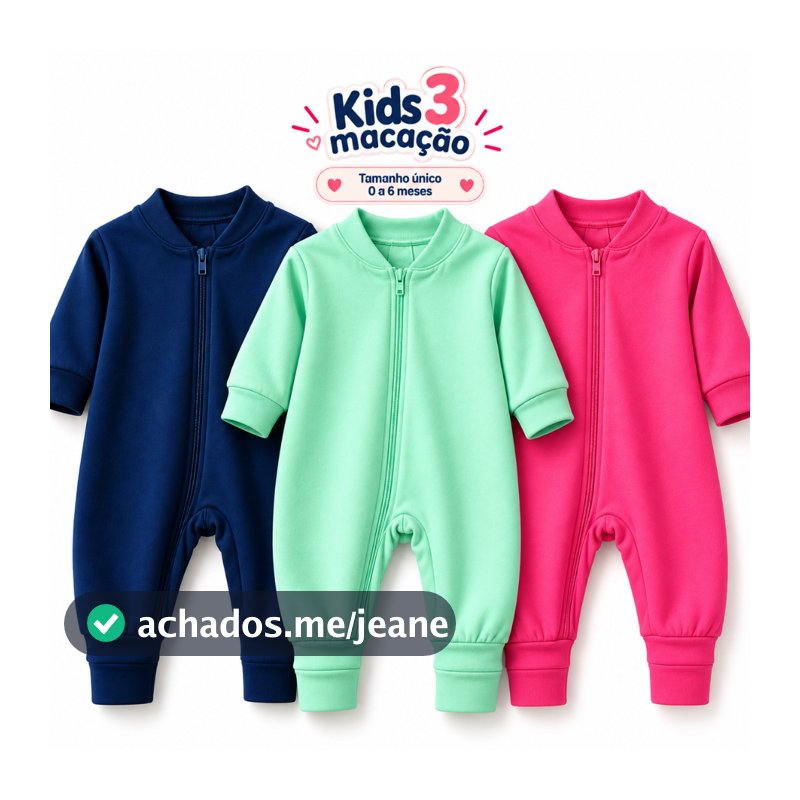 Kit 3 Macacões Bebê Menino Menina Algodão com Zíper Lateral Vira Pé Liso Enxoval Recém-Nascido 0-6 Meses