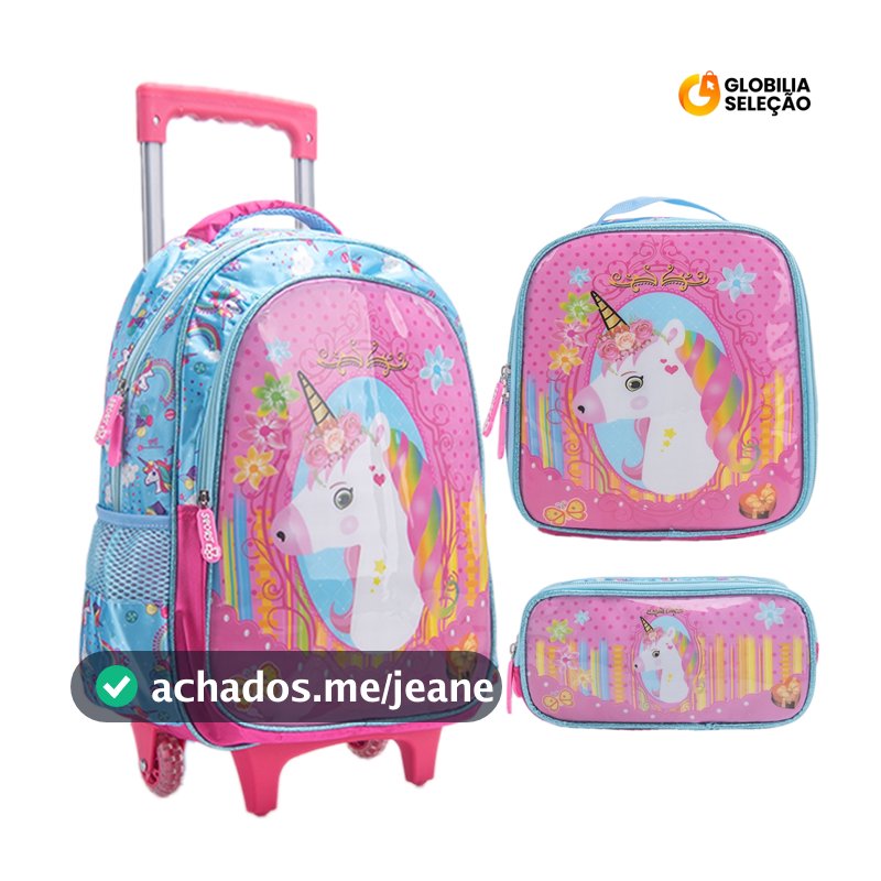 Kit Mochila Escolar Infantil de Rodinhas Menina Bolsa Resistente Impermeável Com Lancheira e Estojo BMA9312CF-KIT