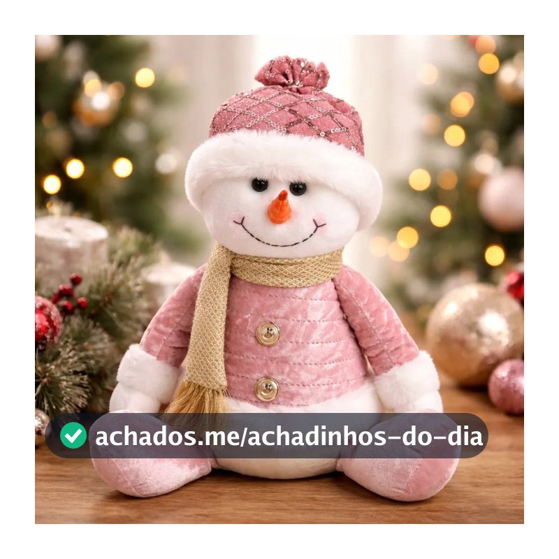 Boneco De Neve Rosa Sentado Pelúcia Enfeite De Natal 30cm