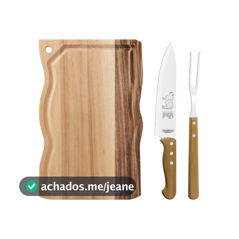 Kit para Churrasco Tramontina com Lâminas em Aço Inox e Cabos em Madeira Natural 3 Peças Tabua, Garfo e Faca