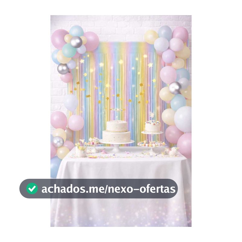 Kit Painel Festa Arco-Íris com 27 Peças Cortina Metalizada e Balões Candy Colors Decoração Aniversário Chá de Bebê