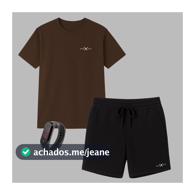 Kit Camiseta Masculina 100% Algodão e Short Moletinho Polo Play + Brinde Relógio