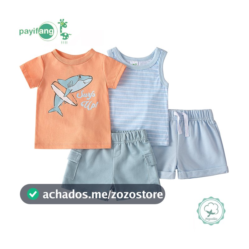 Kit 4 Peças Conjunto Verão Bebê Menino 60% Algodão 40% Poliéster Temática Tubarão Surf TM-4091