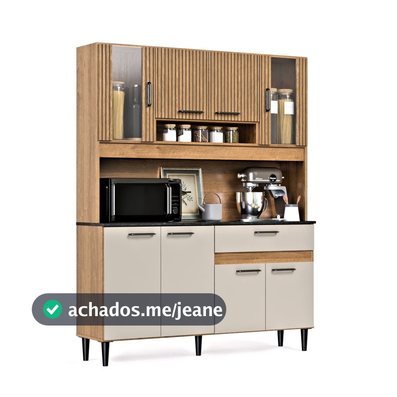 Armario de Cozinha Compacto 120cm Balcão e Aéreo Ripado 3D 8 Portas e Gaveta Grande Com Detalhe em Vidro Completo Coral