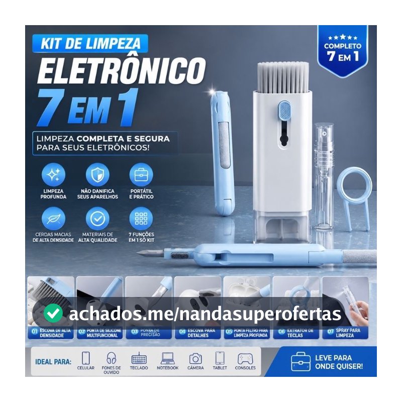 Kit Limpeza Eletrônicos 7 em 1 Escova Teclado Fone Tela Celular Notebook Supercubo Compacto
