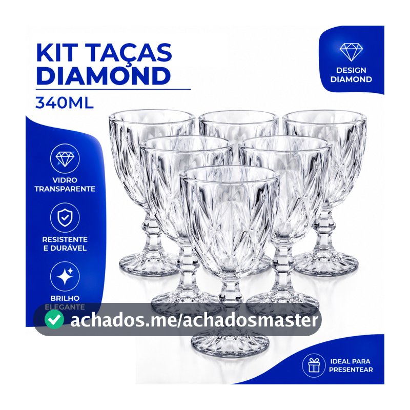 Jogo Taças Vidro 340Ml Diamond Bico Jaca Abacaxi Conjunto Taça Para Água Vinho Tinto Suco Diamante