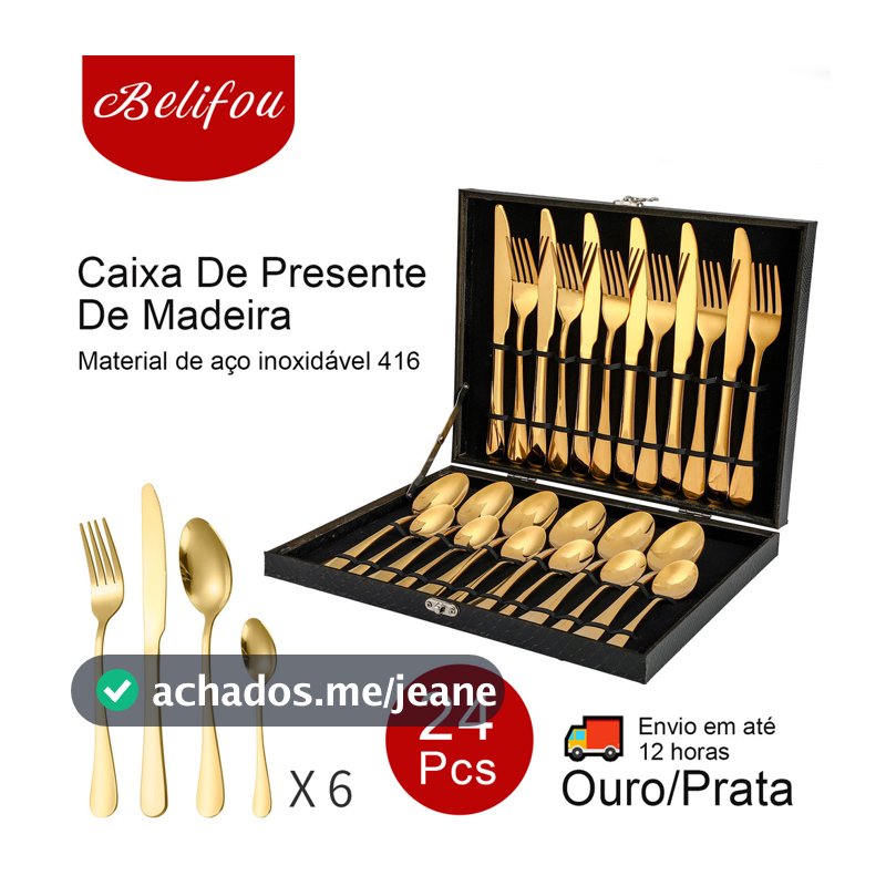 Belifou Kit 24 Peças Jogo De Talheres Dourados Aço Inoxidável Caixa De Madeira