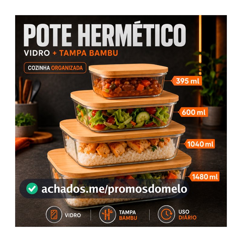 Pote De Vidro Hermético Quadrado Marmita Potes Conjunto Tampa Bambu