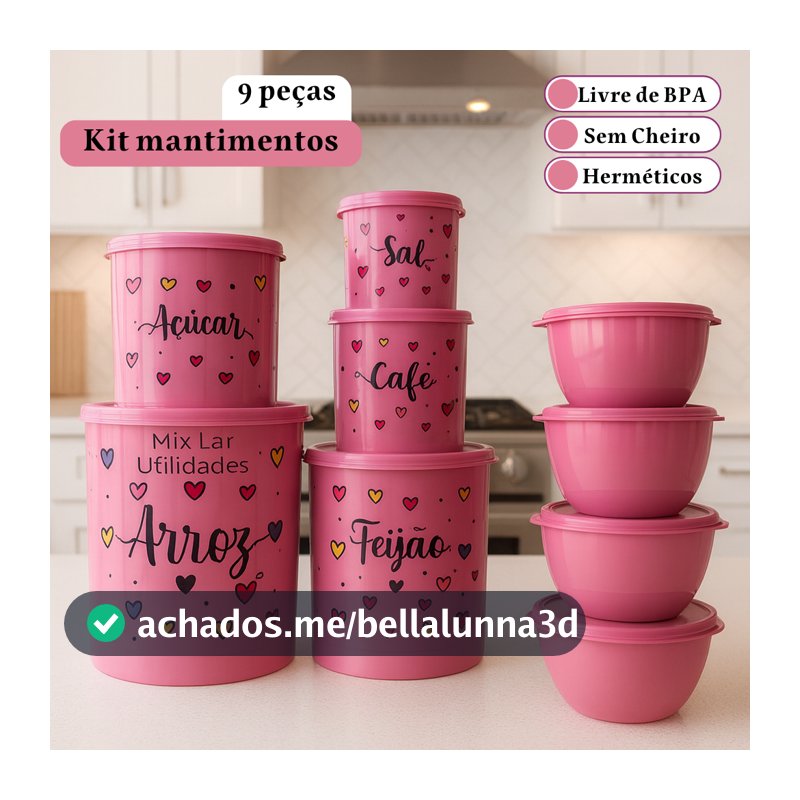Kit de potes mantimentos plásticos 5 peças + 4 potes redondos Boll para cozinha