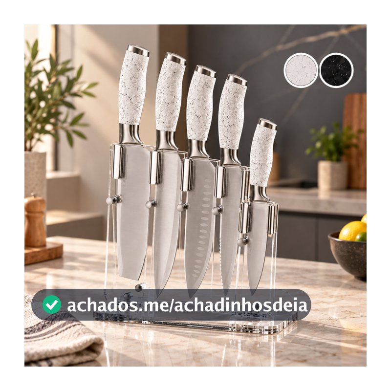 Faqueiro 5 Peças Aço Inox Suporte Acrílico Facas Chef Cutelo Santoku Universal Office