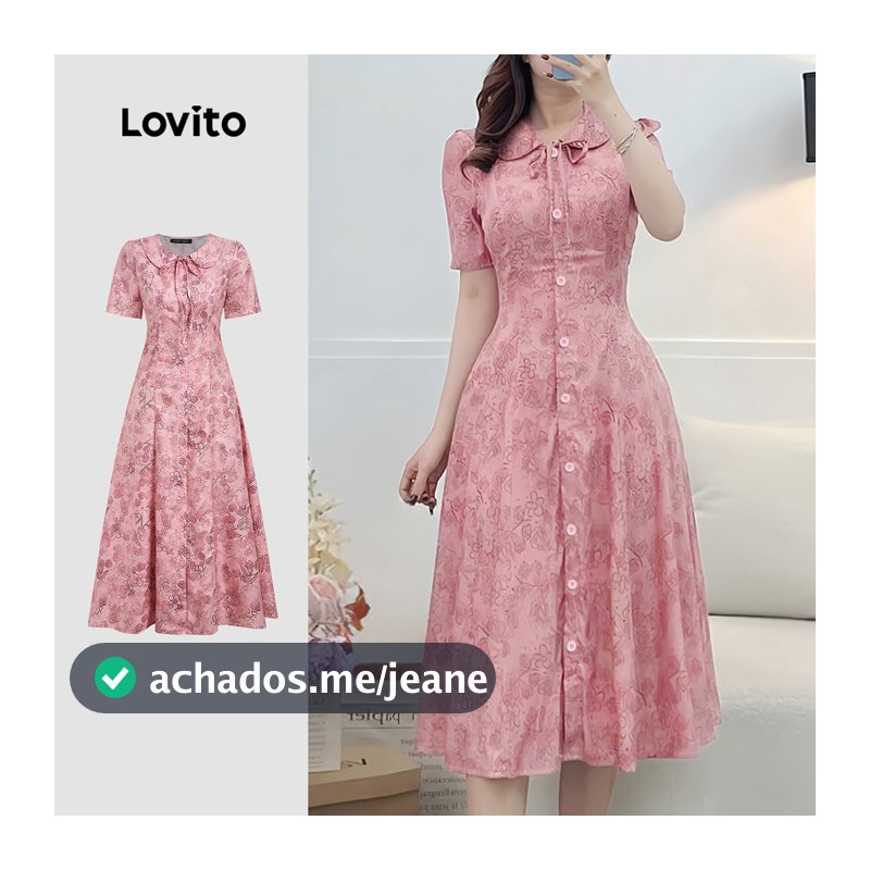 Lovito Floral Elegante Vestido Gravata Frontal Flores Primavera/verão Vestido Rosa para Mulheres L165ED1520