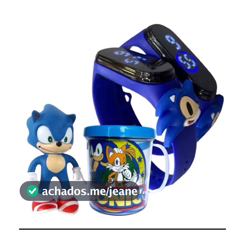 Presente Sonic The Hedgehog: 1 Boneco Miniatura + 1 Caneca + 1 Relógio Azul