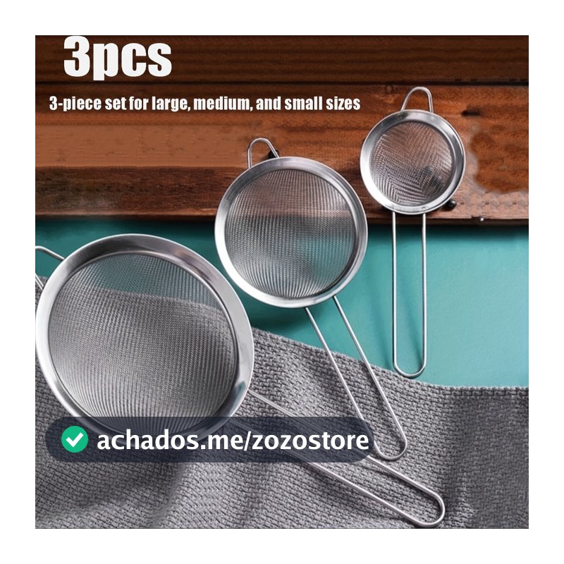 Kit 3 Peças Peneira Coador Em Aço Inox Para Cozinha - 3 Tamanhos P M G 8/10/12 cm