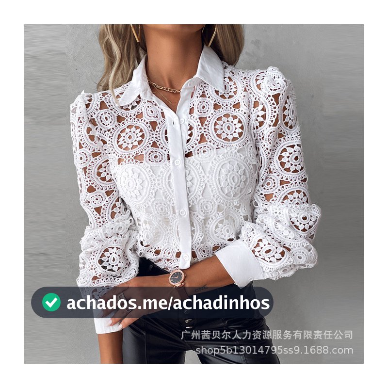 Nova Camisa de Renda Camisa Branca Top Elegante Roupa Feminina Elegante 2024 Camisa de Escritório Primavera Outono