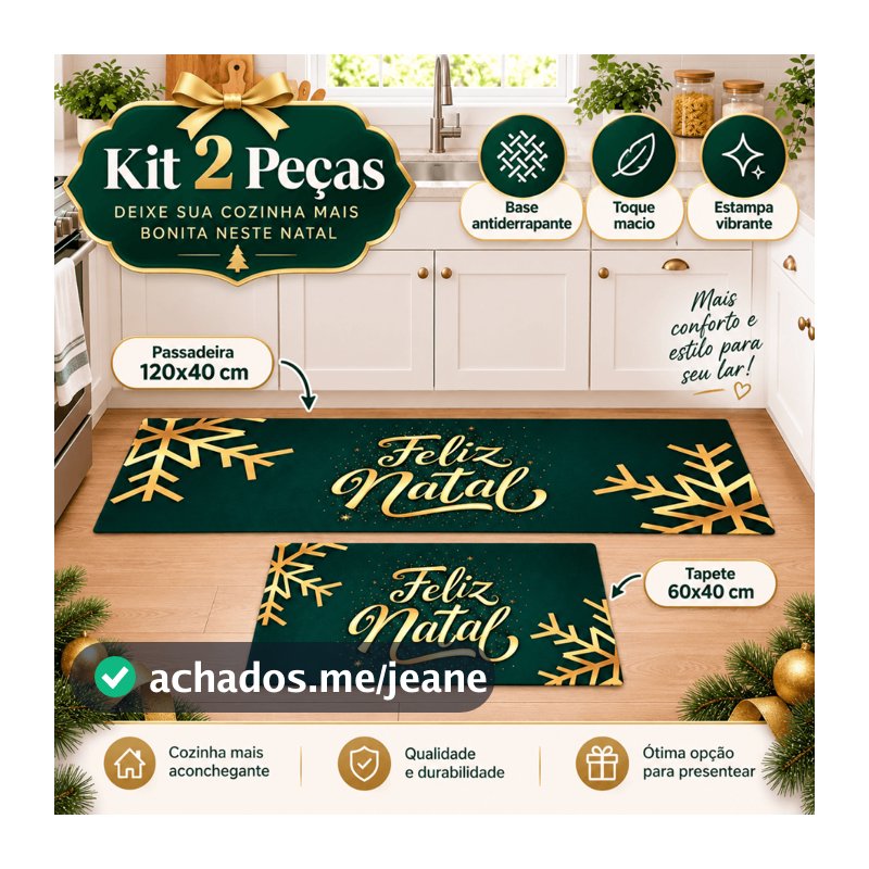 Kit Tapete Cozinha Natalino 2 Peças Antiderrapante Passadeira 120x40 + Tapete 60x40 Feliz Natal Decoração Natalina