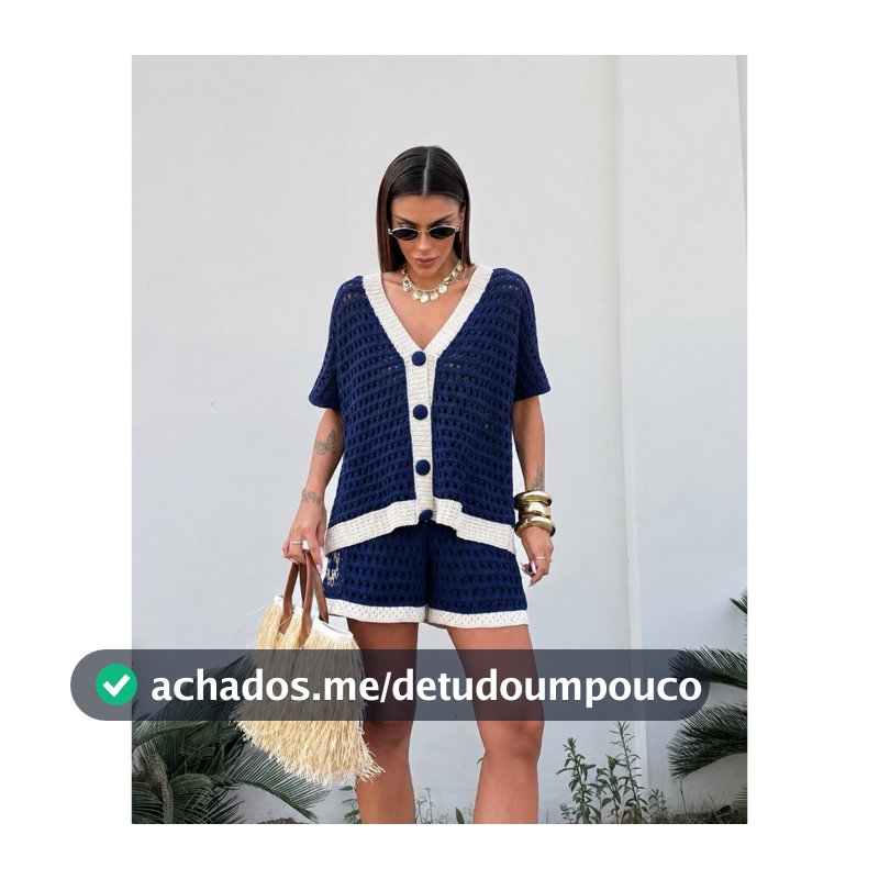 Conjunto Tricot Feminino Crochê Rendado Camisa Max Colete Botões e Short Forrado Verão Moda Confortável Tendência