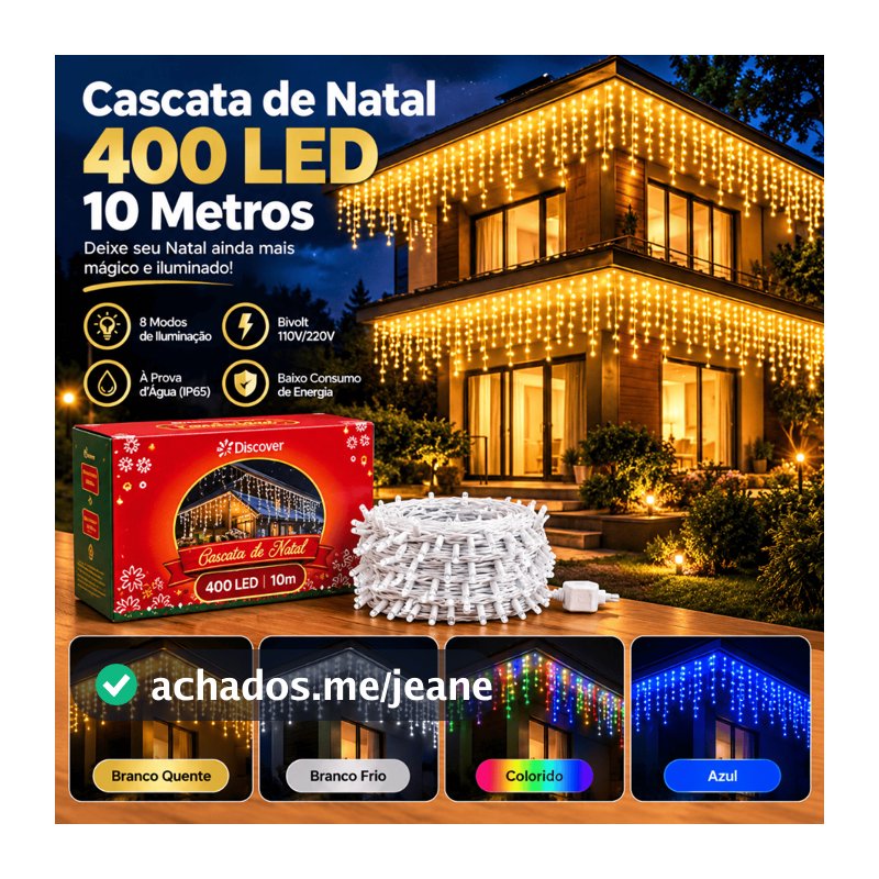 Fio de LED Cascata de Natal 10m 400 LEDs 4 Cores Bivolt 110V/220V Pisca-Pisca para Decoração Natalina