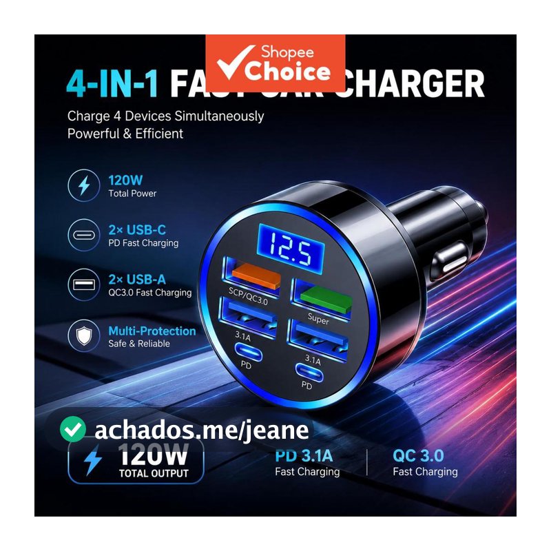 Adaptador de carro de carregamento rápido 6 em 1 2026 3.1A, display digital duplo Tipo-C, para smartphones e tablets,
