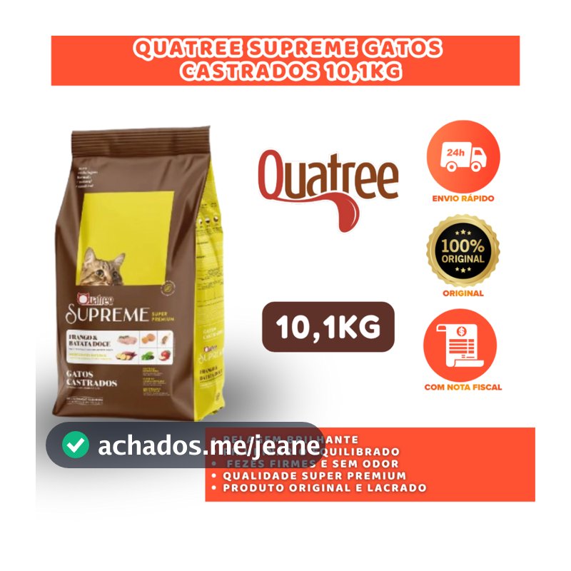 QUATREE SUPREME GATOS CASTRADOS FRANGO E BATATA DOCE 10,1KG NUTRIÇÃO COMPLETA