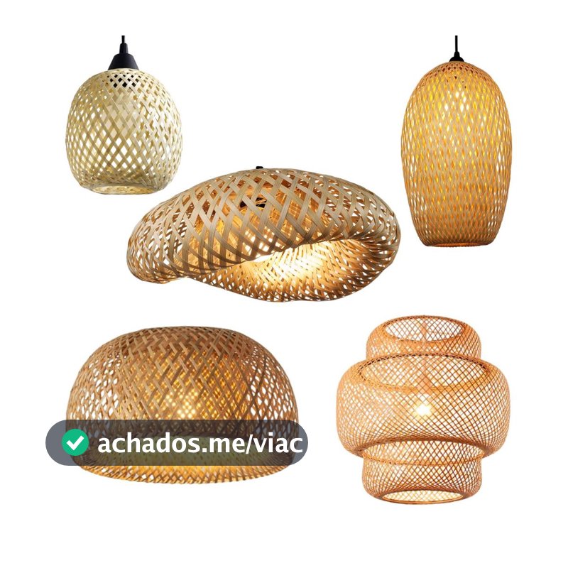 Conjunto Lustres Teto Luminária Pendente Bambu Rattan Rústico Trançado Artesanal Fibra Natural