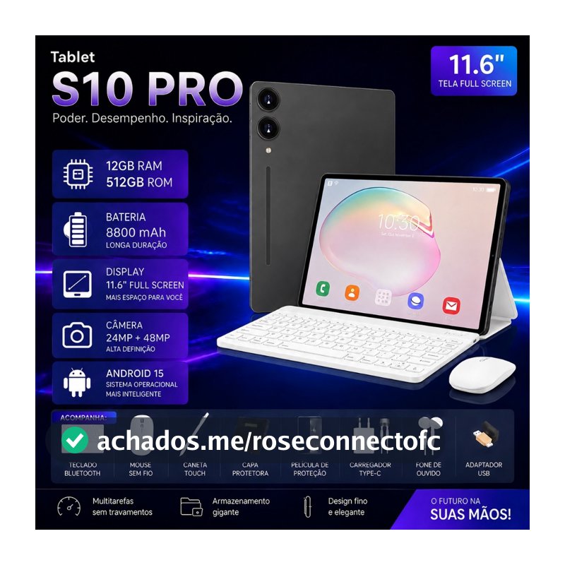 Tablet Galaxy S10 PRO 11,6" 12GB RAM 512GB ROM Android 15 5G LTE com Teclado e Mouse Bateria 8800mAh Câmera 24MP + 48MP