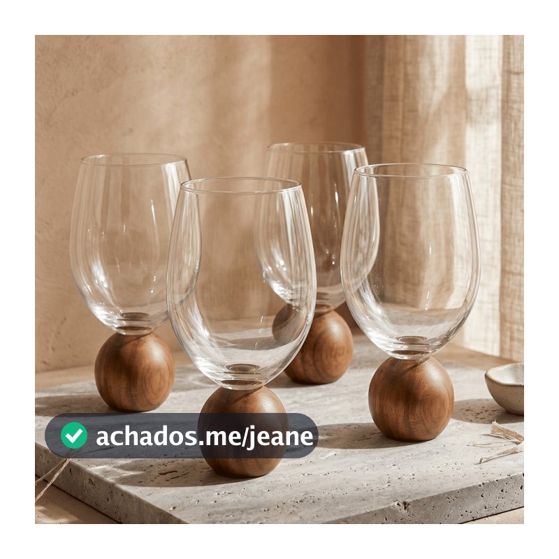 Jogo 4 Copos Mori em vidro bubble Esfera Bola madeira acácia 450ml Luxo Moderno Design Orgânico