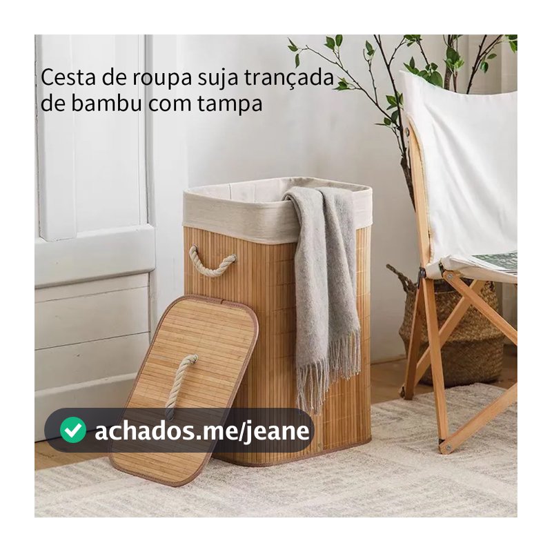 Cesto De Roupa Bambu Caixa Suja Bambu Lavanderia Com Tampa e Forrado Grande Organizador Banheiro Organizadora Brinquedos
