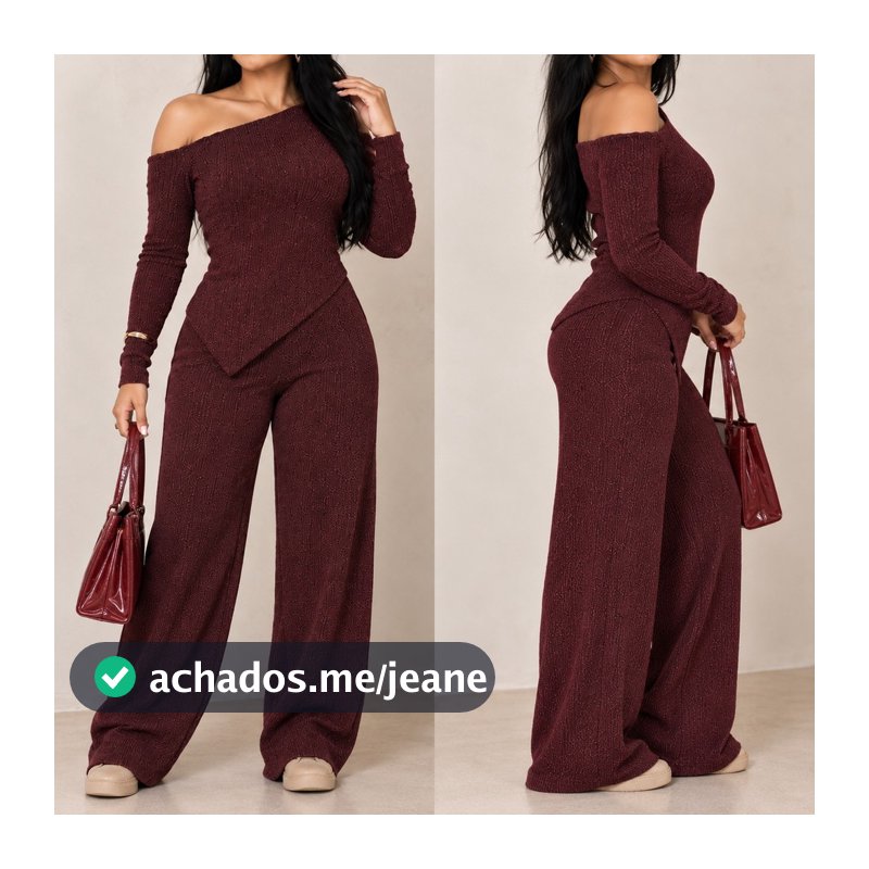 Conjunto Feminino Elegante Blusa Assimétrica e Calça Pantalona de Lã Canelada Casual Social Conforto Inverno Frio