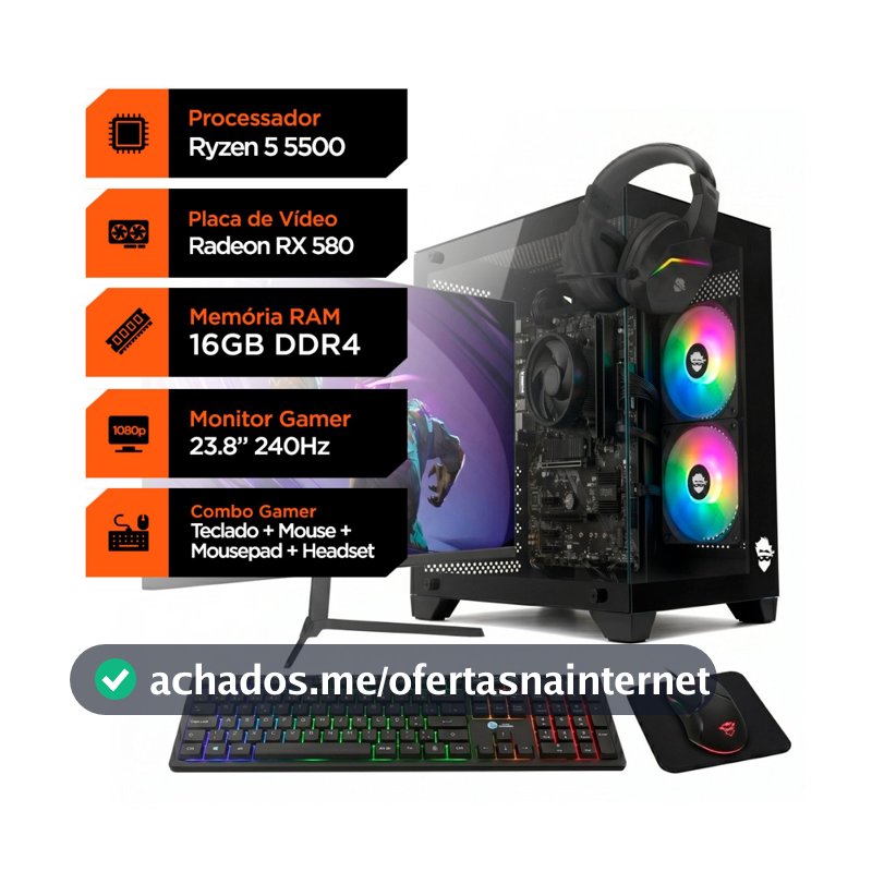 PC Gamer Soldier, Ryzen 5 5500, RX 580 8GB, 16GB DDR4, SSD 240GB + Monitor Superframe 240Hz + Combo Gamer