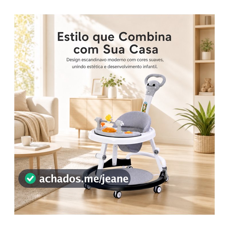 Andador para Bebê com Centro de Atividades, 4 Alturas, Luzes e Sons, Dobrável com Guidão – Cinza