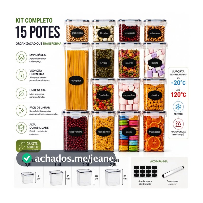 Kit 15 Potes Hermético Cadencia Mantimentos Quadrado Freezer Micro-ondas 22,4L Com Adesivos e Canetinha
