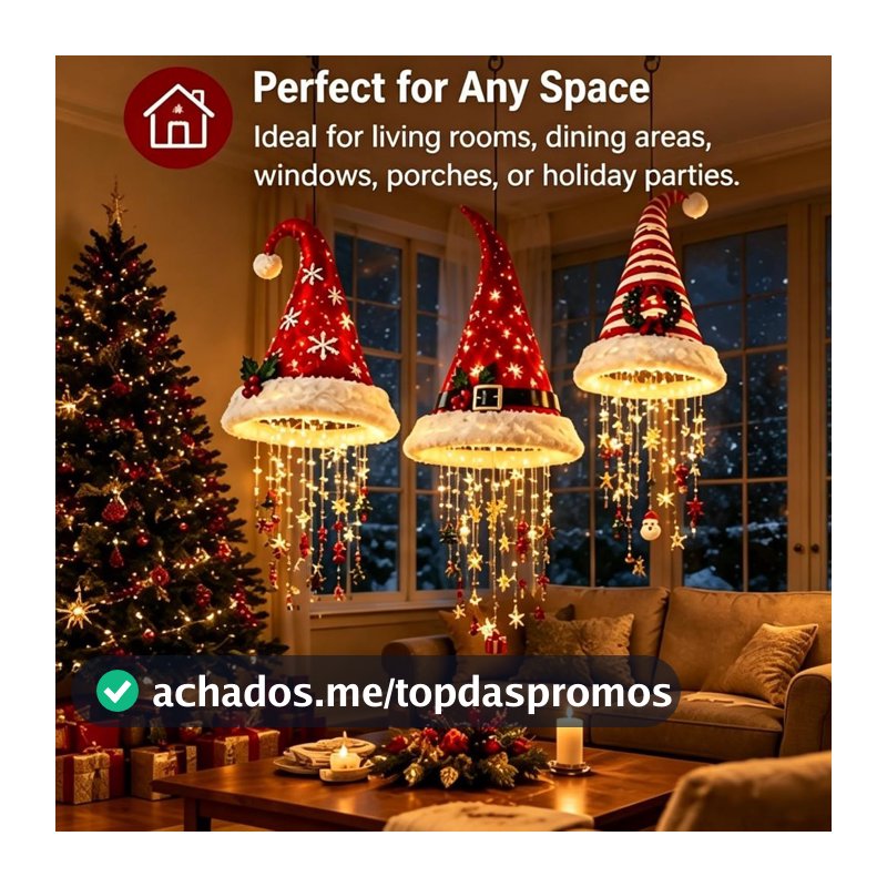 Luz de Natal pendente em forma de chapéu de Natal com enfeites.