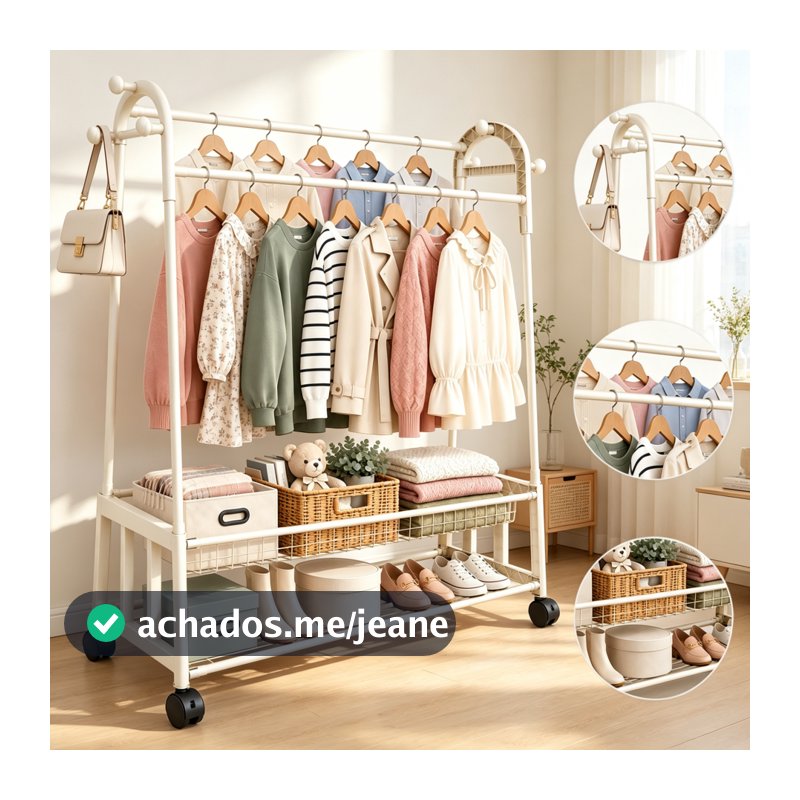 Arara Cabideiro Duplo De Chão 3 Em1 70kg Com Rodinhas E Freio Sapateira 2 Prateleiras Organizador Roupas Quarto Creme