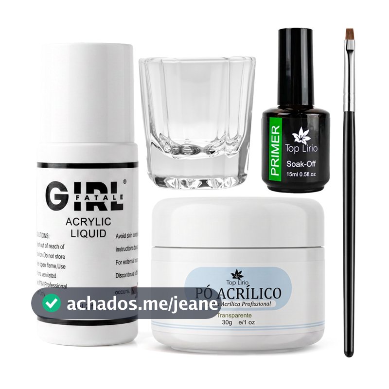 Kit Alongamento de Unha Acrílico com Pó 30g Líquido 75ml Primer Pincel e Dappen
