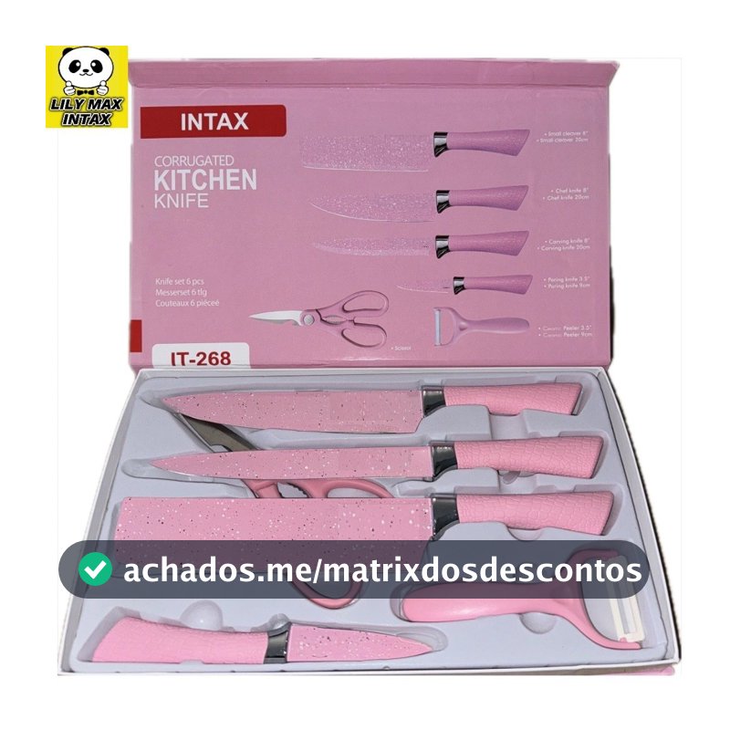 Jogo De Facas Inox Descascador E Tesoura 6 Peças Rosa