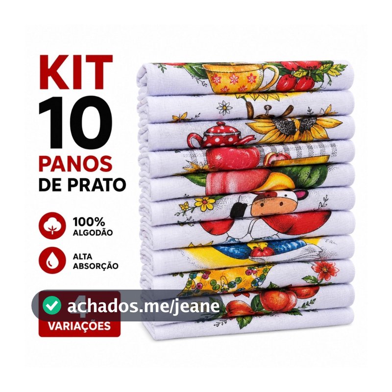 Kit 10 Panos de Prato 100% Algodão Alta Absorção  Estampa Frutas e Brinquedos Estampado Com Bainha