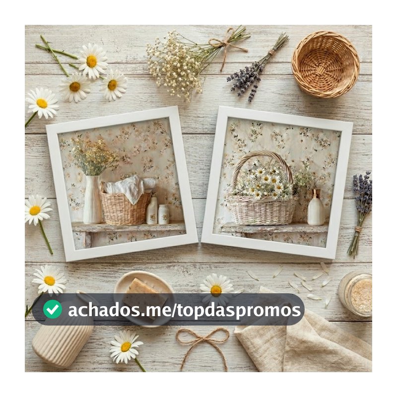 Kit 2 quadros 18x18 cm, banheiro, lavabo, flores, vasos, margarida, moldura e vidro