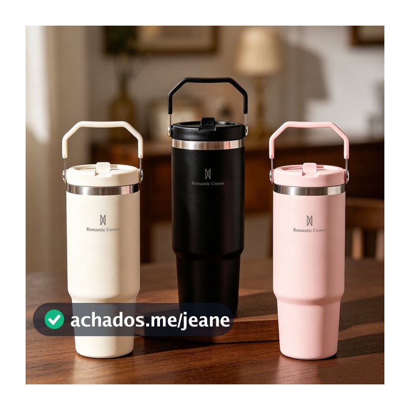 ROMANTIC CROWN Garrafa Térmica Inox 900ml Portátil com Bico e Alça Flip Tumbler para Academia e Trabalho