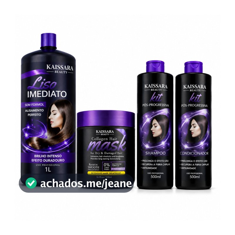 Kit Progressiva Kaissara Beauty – Liso Imediato + Máscara Collagen Hair + Shampoo e Condicionador Pós-Progressiva