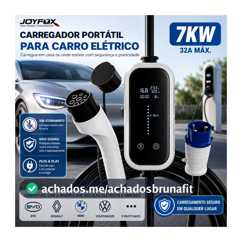 Carregador Portátil para Carro Elétrico 7KW  32A 110v/220v com Display Digital | Compatível com BYD e Outros EV