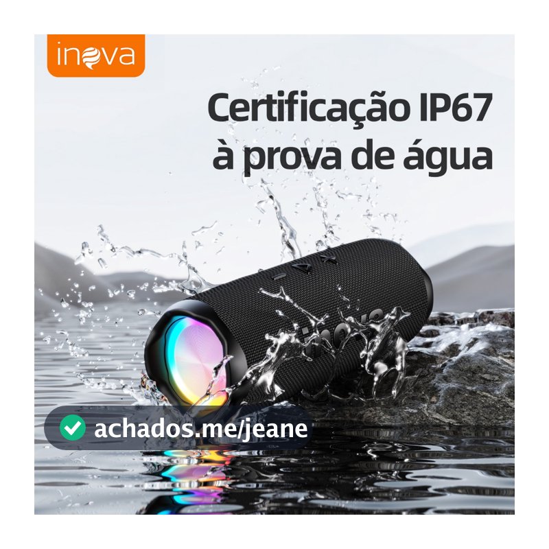 INOVA Caixa de Som Bluetooth Portátil IPX67 com LED, Som Potente 16W, Bateria 2400mAh