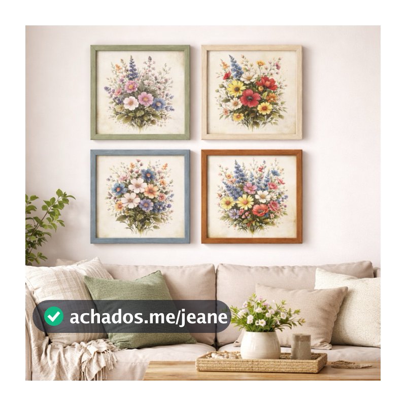 Kit 4 Quadros Decorativos Flores Vintage Coloridas – Decoração Sala/Quarto